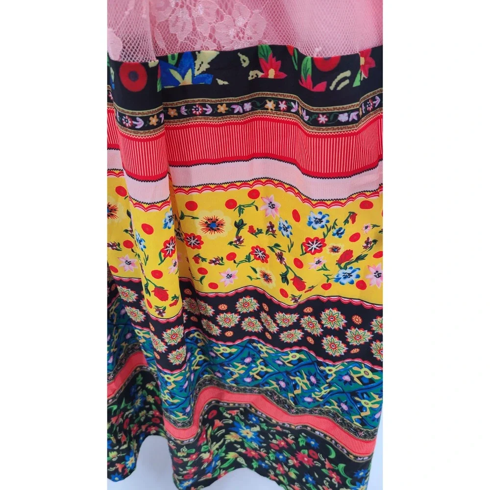 Patchwork Boho Festival‎ Tiered Maxi Women Skirt Size S Layered Floral Lace